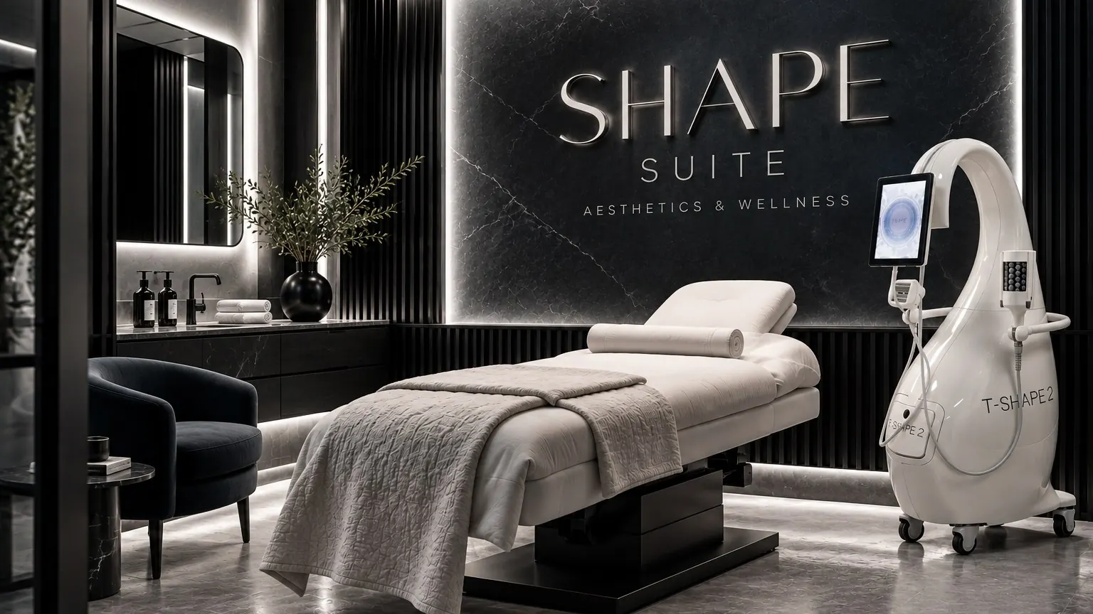 A private treatment suite at The Shape Suite: a white treatment bed beside a T-Shape 2 device, under the illuminated Shape Suite sign